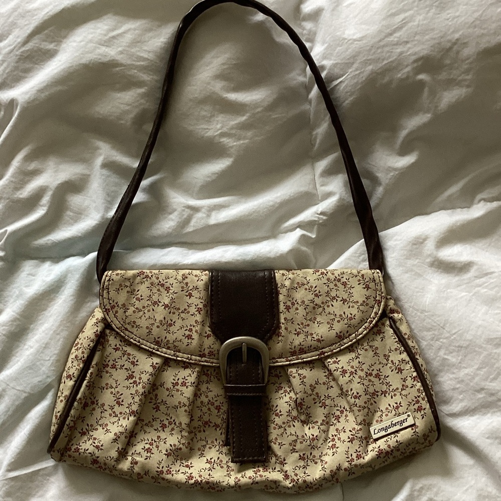 Longaberger Cream and Brown Floral Shoulder Bag